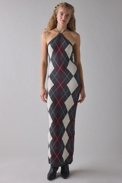 Glamorous Charcoal Argyle Knit High Neck Halter Maxi Dress In Charcoal Argyle, Women's At Urban Outfitters In Gray