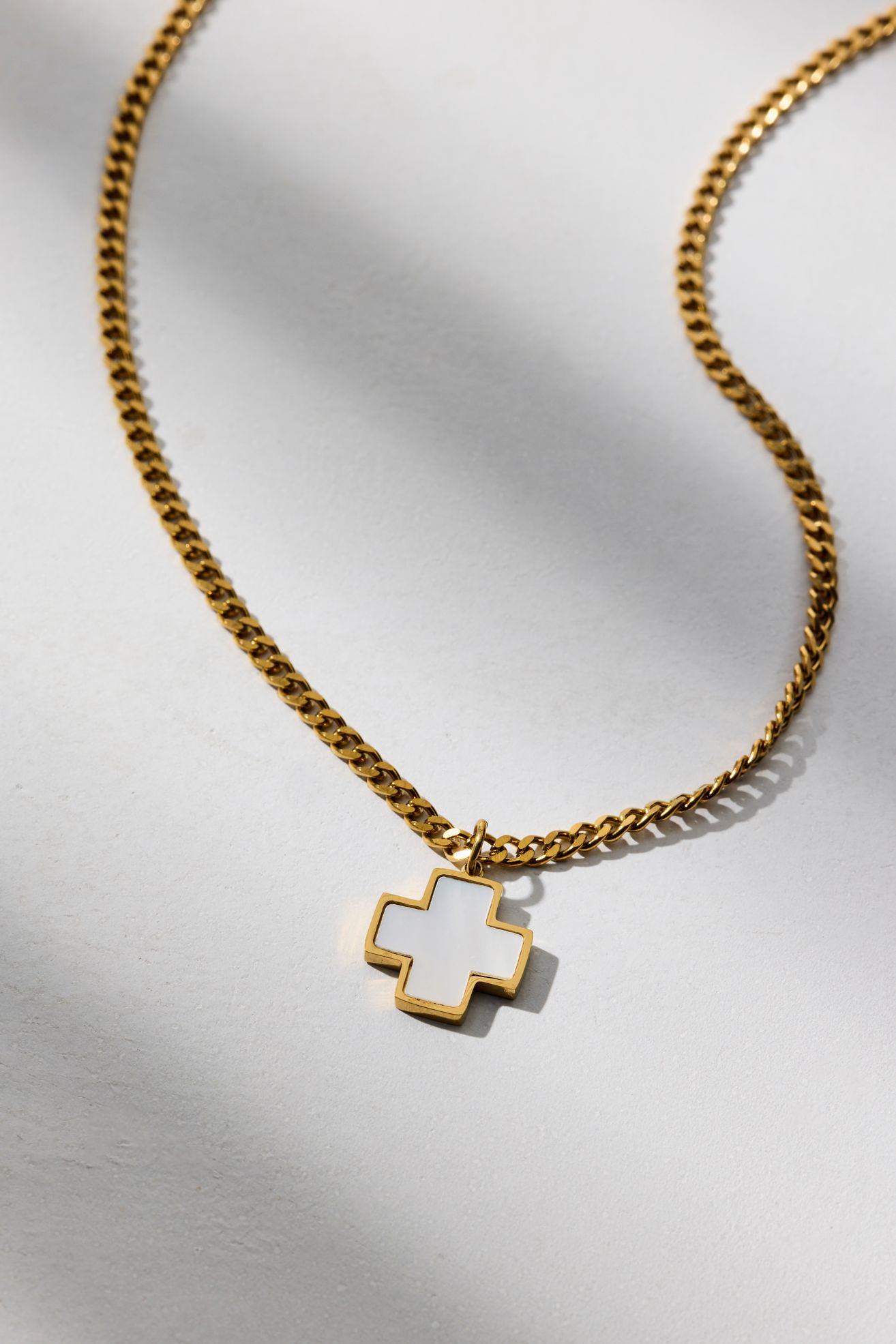 Mother Of Pearl & Stainless Steel Cross Pendant Necklace