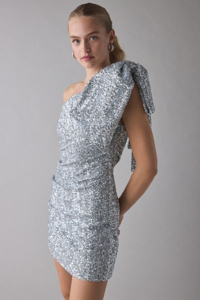 Glamorous Silver Sequin One-Shoulder Bow Mini Dress