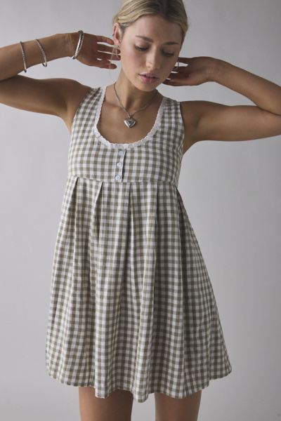 Daisy Street Gingham Lace Trim Babydoll Mini Dress