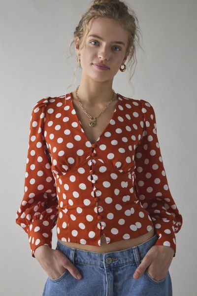 Glamorous Rusty White Polka Dot Puff Sleeve Blouse In Rust White Polka, Women's At Urban Outfitters