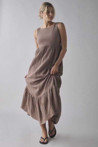 Daisy Street Cotton Tie-back Tiered Maxi Dress In Light Brown, Women's At Urban Outfitters In Brown
