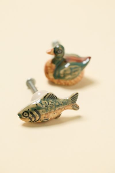 Urban Outfitters Mallard & Trout Shaped Ceramic Knob/wall Hook Set In Green At  In Green