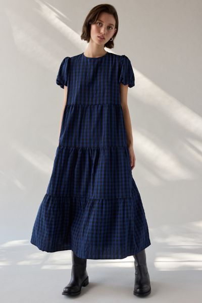 Urban Outfitters Daisy Street Plaid Puff Sleeve Tiered Smock Midi Dress In Navy, Women's At  In Blue