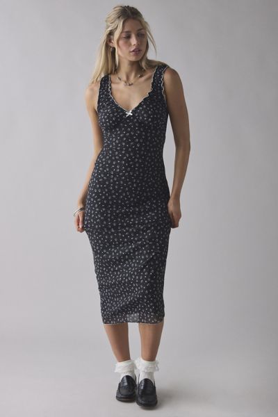 Daisy Street Ditsy Floral V-neck Slip Midi Dress In Black Floral, Women's At Urban Outfitters In Multi