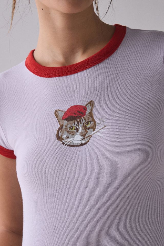BDG Too Perfect Beret Cat Graphic Ringer Baby Tee #3