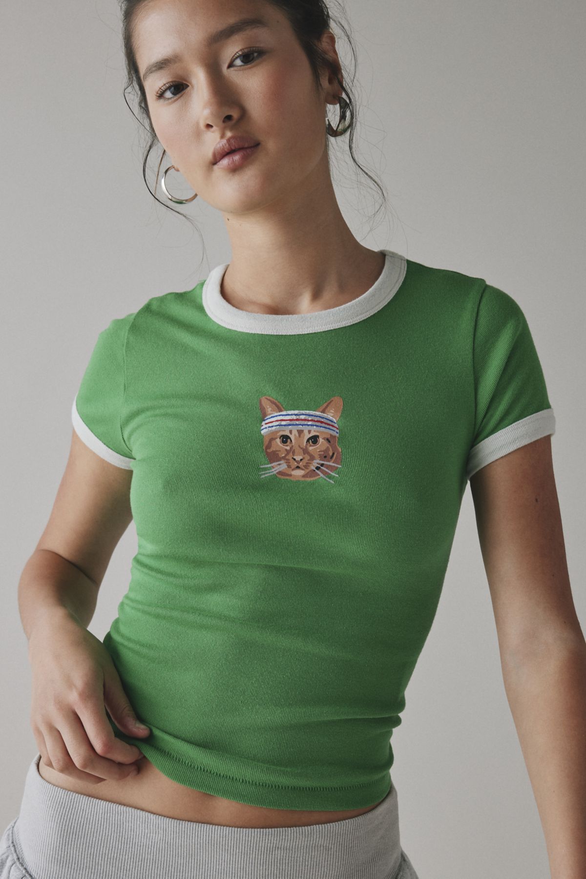 BDG Too Perfect Workout Cat Graphic Ringer Baby Tee