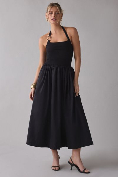 Robe fourreau mi-longue à anneau et encolure américaine en matières mixtes Leah En Saison