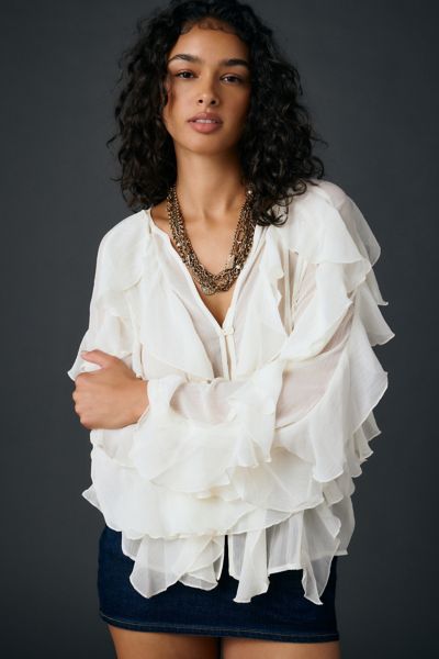 Glamorous Sheer Cascading Ruffle Long Sleeve Blouse In Cream, Women's At Urban Outfitters In White