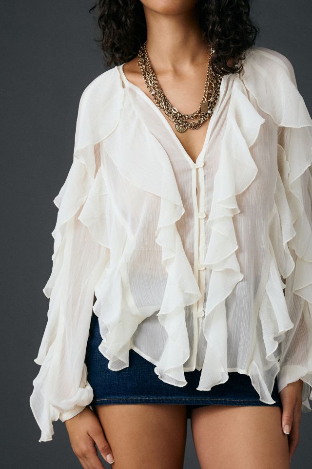 Glamorous Sheer Cascading Ruffle Long Sleeve Blouse #2