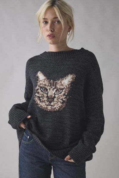 Bdg Kurt Cat Graphic Distressed Sweater In Black, Women's At Urban Outfitters In Black