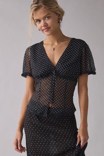 UO Mitchelle Semi-Sheer Polka Dot Chiffon Puff Sleeve Blouse