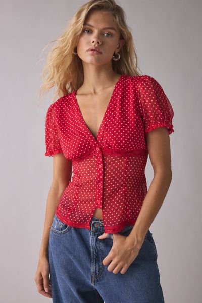 UO Mitchelle Semi-Sheer Polka Dot Chiffon Puff Sleeve Blouse