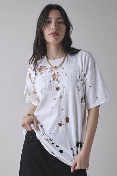 Urban Renewal Remade Destroyed Oversized Tee In White, Women's At Urban Outfitters