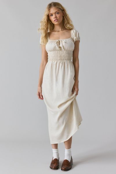 ReMADE By UO Made LA EcoVero™ Linen Smocked Milkmaid Midi Dress