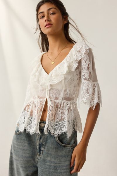 Kimchi Blue Clementine Sheer Lace Ruffle Bed Jacket Product Page