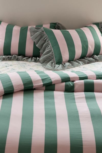 Urban Outfitters Striped Ruffle Duvet Cover Set In Assorted At  In Green