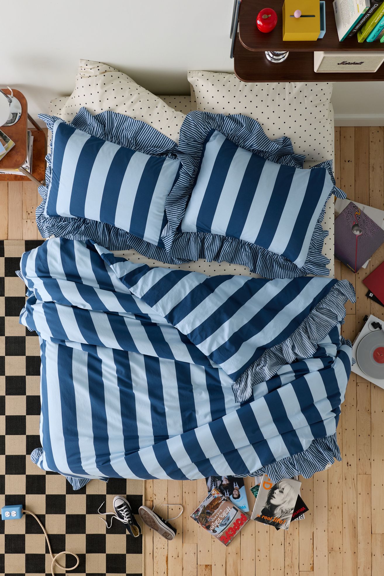 Striped Ruffle Duvet Cover Set - Blue Multi, KING