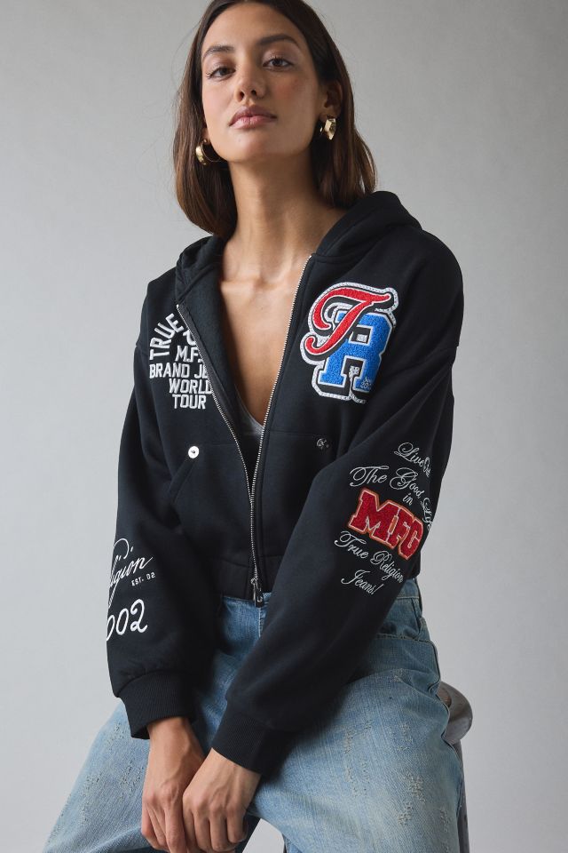 True Religion Crystal Patched Graphic Zip-Up Hoodie Sweatshirt #1