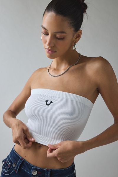 True Religion Horseshoe Seamless Ribbed Knit Bandeau Top In White, Women's At Urban Outfitters In White