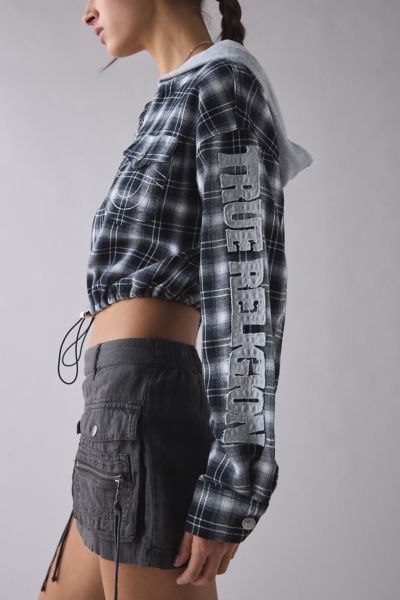 True Religion Applique Shrunken Flannel Zip-Up Hoodie Sweatshirt