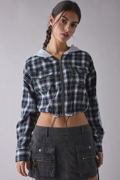 True Religion Applique Shrunken Flannel Zip-Up Hoodie Sweatshirt