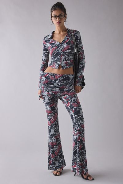 True Religion World Tour Print Long Sleeve Button-Up Top