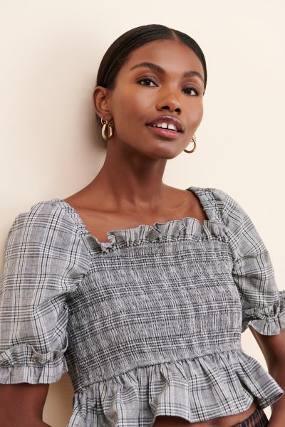 English Factory Plaid Smocked Top