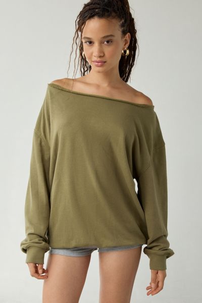 Out From Under Ariana Oversized Off-the-shoulder Sweatshirt In Olive, Women's At Urban Outfitters In Green