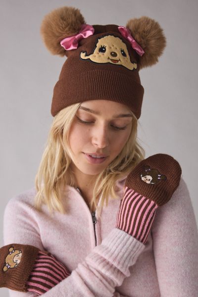 Urban Outfitters Monchhichi Cold Weather Knit Beanie & Glove Set In Brown At  In Brown