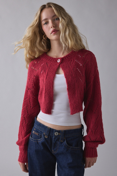 Kimchi Blue Pointelle Knit Tie-back Cropped Shrug Cardigan In Red Berry, Women's At Urban Outfitters In Red