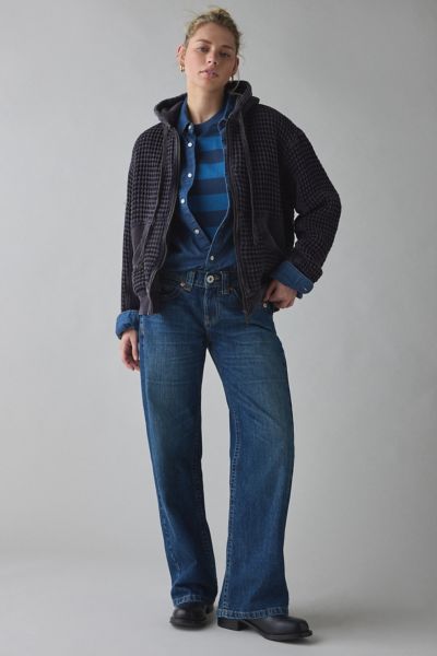 Bdg Field Day Waffle Knit Zip-up Hoodie Sweatshirt In Black, Women's At Urban Outfitters