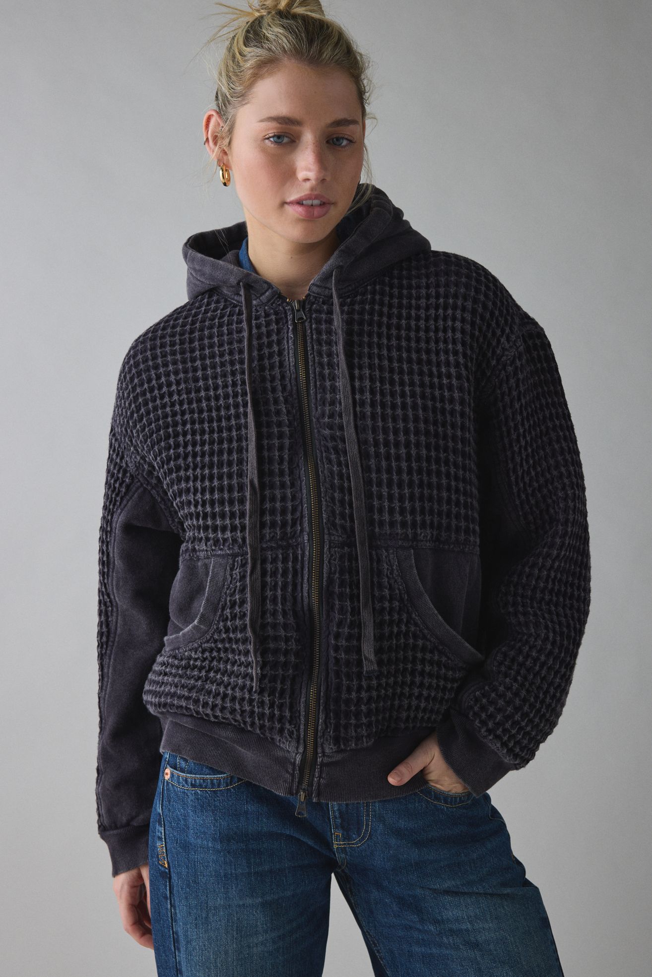 BDG Field Day Waffle Knit Zip-Up Hoodie Sweatshirt