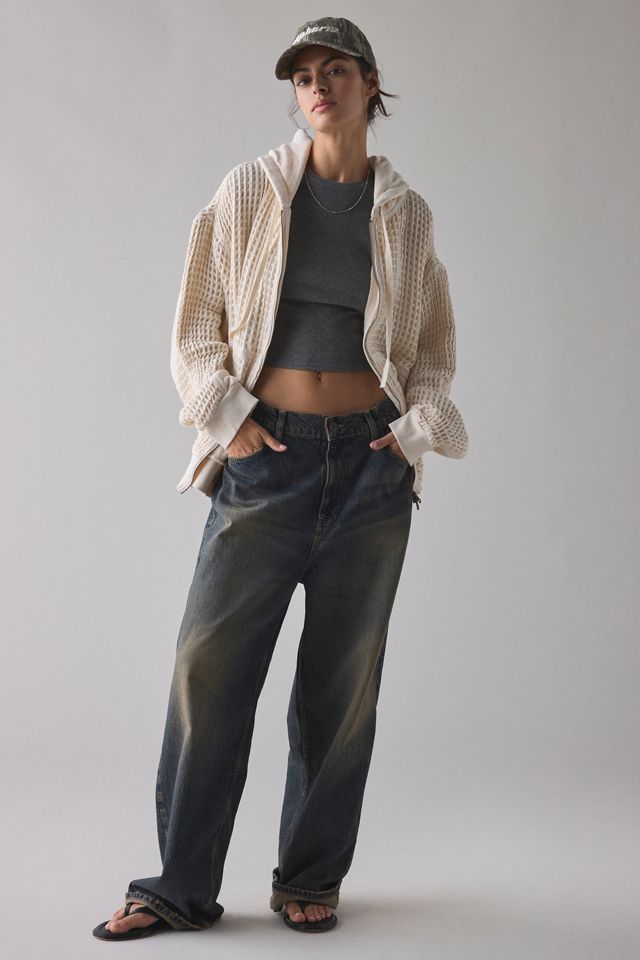 BDG Field Day Waffle Knit Zip-Up Hoodie Sweatshirt