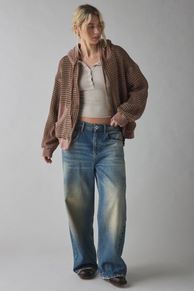 Bdg Field Day Waffle Knit Zip-up Hoodie Sweatshirt In Brown, Women's At Urban Outfitters In Brown