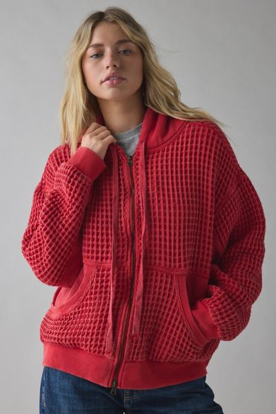 Bdg Field Day Waffle Knit Zip-up Hoodie Sweatshirt In Red, Women's At Urban Outfitters