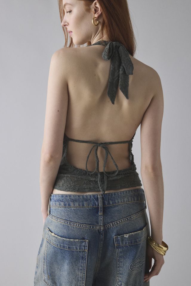 Motel Yukari Jacquard Lace Plunging Cowl Halter Top #1