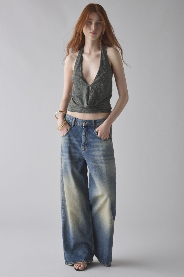 Motel Yukari Jacquard Lace Plunging Cowl Halter Top #2