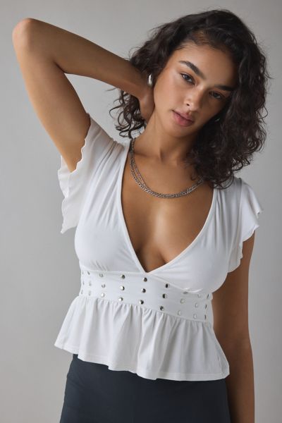 Motel Leisma Plunging Studded Frill Peplum Top In White, Women's At Urban Outfitters In White