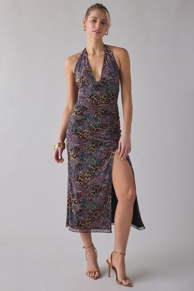 UO Deep Plunge Halter Ruched Mesh Midi Dress #1