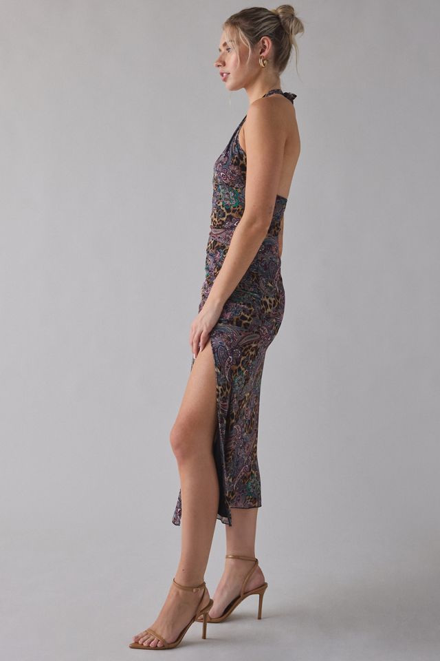 UO Deep Plunge Halter Ruched Mesh Midi Dress #2