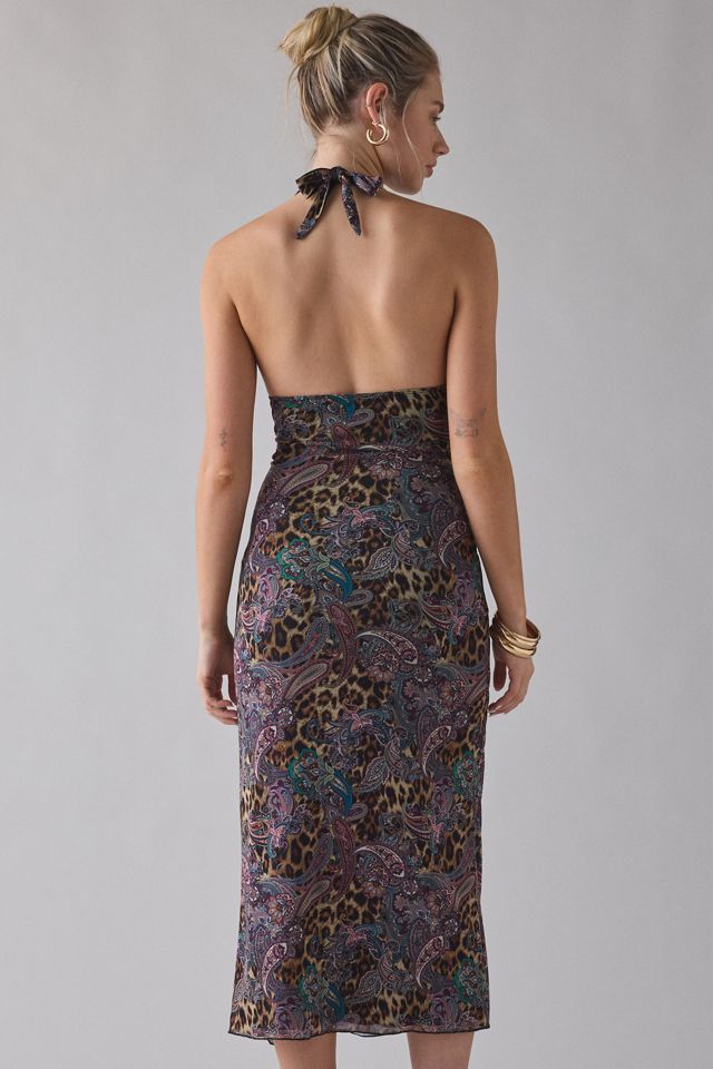 UO Deep Plunge Halter Ruched Mesh Midi Dress #3