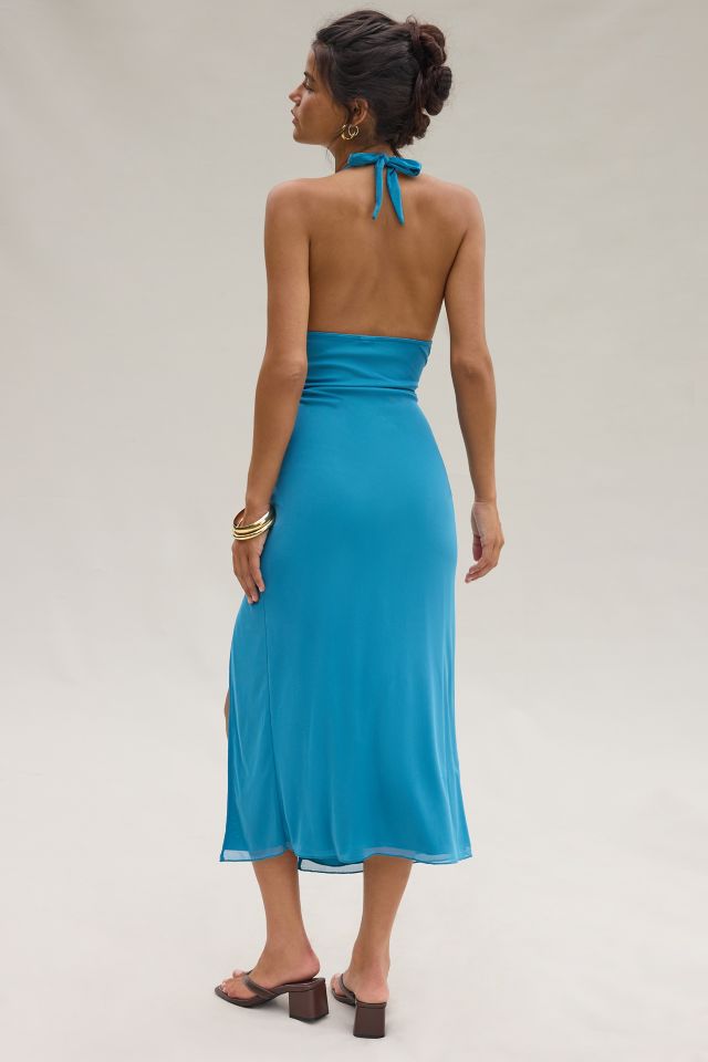 UO Deep Plunge Halter Ruched Mesh Midi Dress