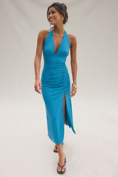 UO Deep Plunge Halter Ruched Mesh Midi Dress