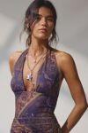 UO Deep Plunge Halter Ruched Mesh Midi Dress
