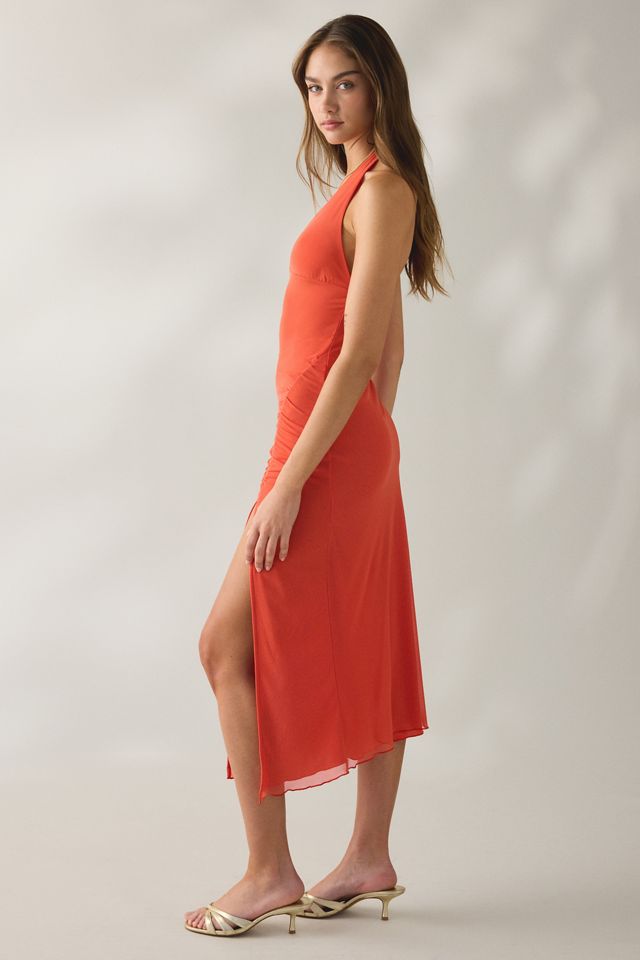 UO Deep Plunge Halter Ruched Mesh Midi Dress #2