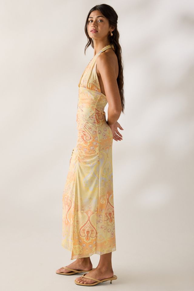 UO Deep Plunge Halter Ruched Mesh Midi Dress #2