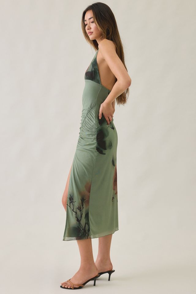 UO Deep Plunge Halter Ruched Mesh Midi Dress #2