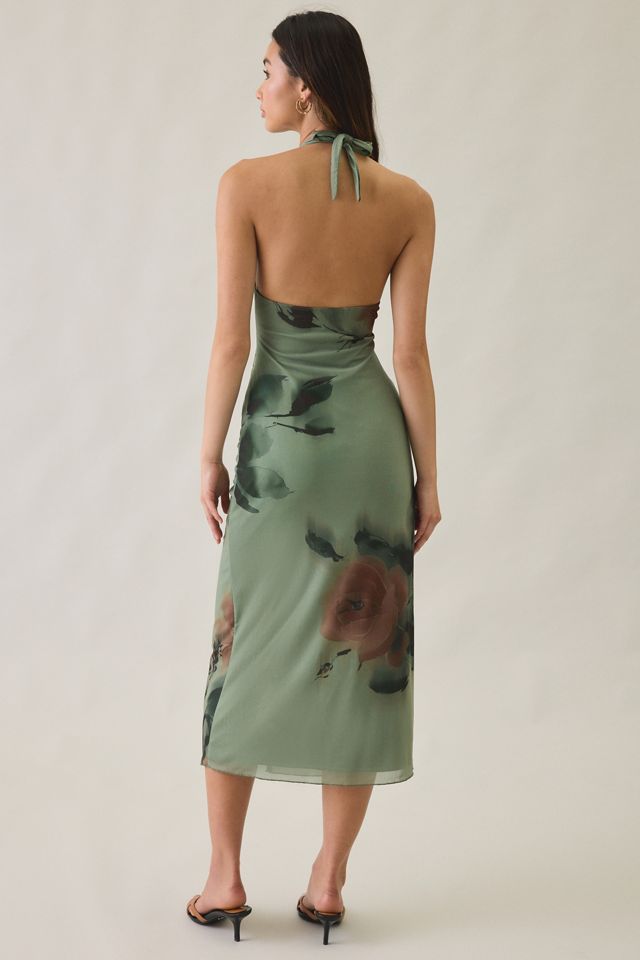 UO Deep Plunge Halter Ruched Mesh Midi Dress #3