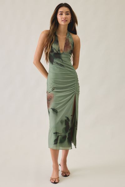 UO Deep Plunge Halter Ruched Mesh Midi Dress